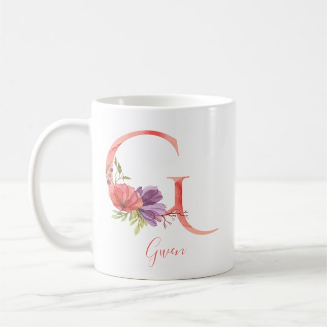 Hübscher rosa Watercolor-Buchstabe "G " Kaffeetasse (Links)