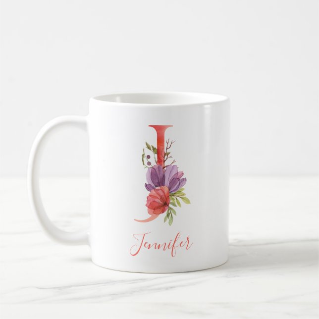 Hübscher rosa Watercolor-Buchstabe "J " Kaffeetasse (Links)