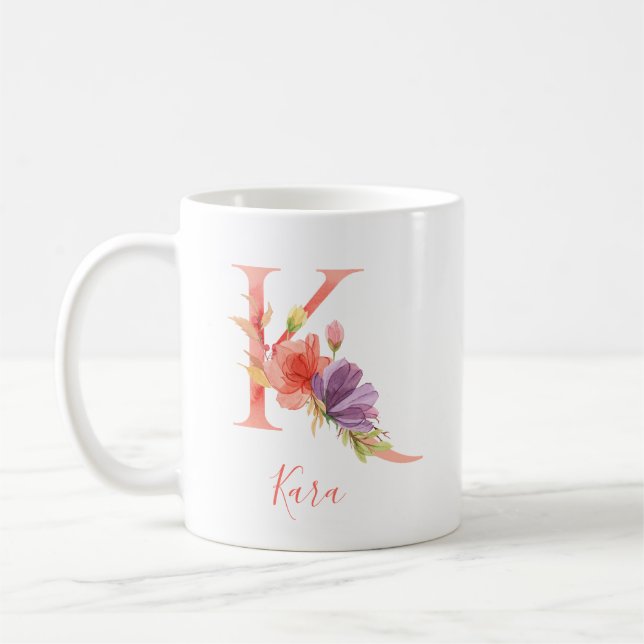 Hübscher rosa Watercolor-Buchstabe "K " Kaffeetasse (Links)