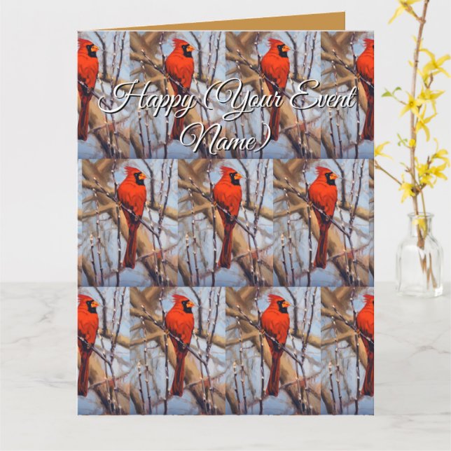 Hübscher roter Kardinalvogel auf einem Ast sitzend Karte (Gelbe Blume)