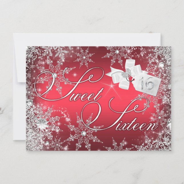Hübscher Roter Schneeflocken Sweet 16 Einladung (Vorderseite)