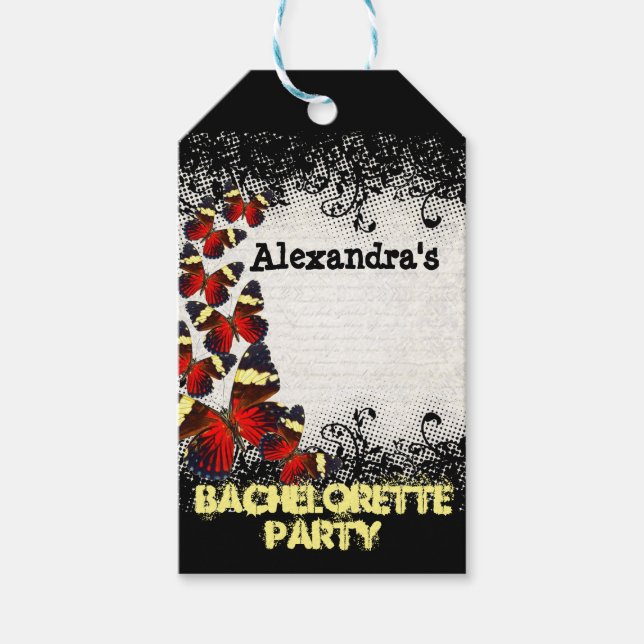 Hübscher Rotschmetterling-Junggeselinnen-Abschied Geschenkanhänger (Vorderseite)