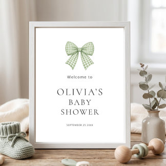 Hübscher Salbei-Gingham-Schleifen-Baby-Shower-Empf Poster