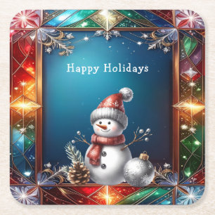 Hübscher Schneemann im Buntglasrahmen Papierunters Rechteckiger Pappuntersetzer