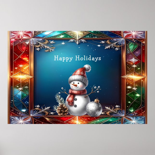 Hübscher Schneemann in Buntglasrahmen Poster (Vorne)