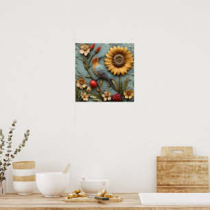 Hübscher Sonnenblumen-Vogel-Marienkäfer-Blumenpost Poster