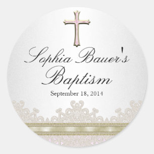 Hübscher Taufaufkleber mit Spitze und Kreuz Runder Aufkleber