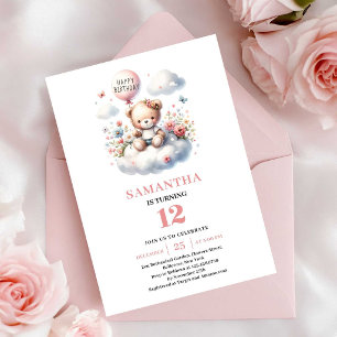 Hübscher Teddybär Ballon Blumenmädchen Geburtstag Einladung