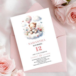 Hübscher Teddybär Ballon Blumenmädchen Geburtstag Einladung