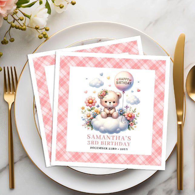 Hübscher Teddybär Ballon Schamröte-Blume Geburtsta Serviette (Lovely teddy bear balloon blush flower birthday napkins

)