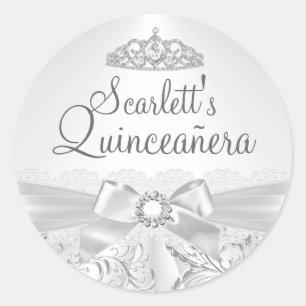 Hübscher Tiara & Bogen Silber Quinceanera Aufklebe Runder Aufkleber