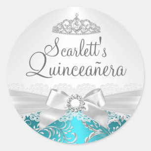 Hübscher Tiara- und Bogen-Teal-Quinceanera-Aufkleb Runder Aufkleber