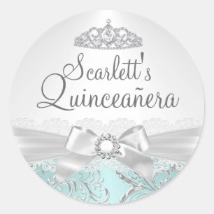 Hübscher Tiara- und Schleifen-Teal-Quinceanera-Auf Runder Aufkleber