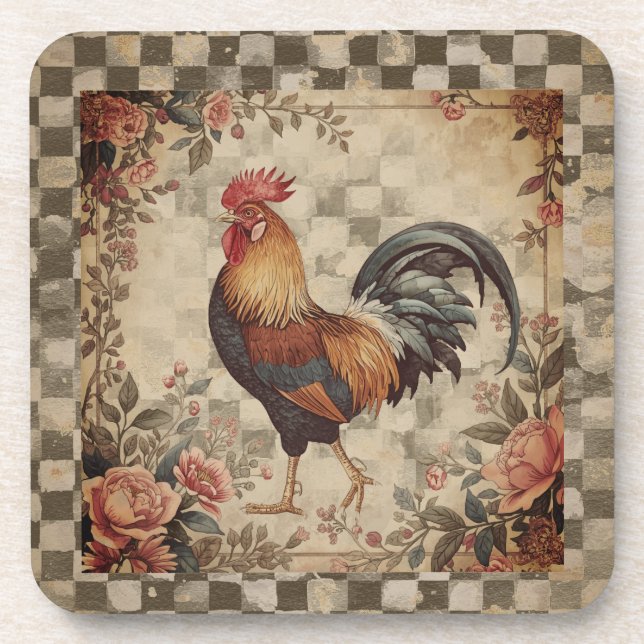 Hübscher Vintage-Hahn, Blumenmuster, Kariert Getränkeuntersetzer (Vorderseite)