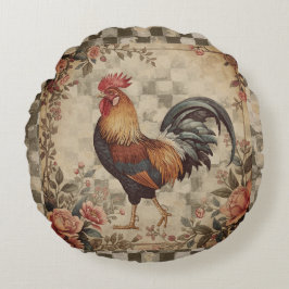 Hübscher Vintage-Hahn, Blumenmuster, Kariert Rundes Kissen