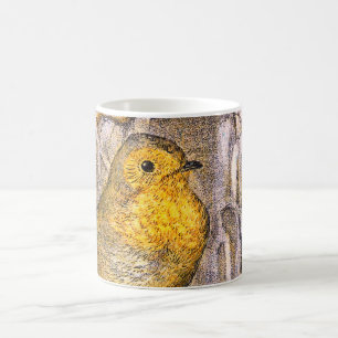 Hübscher Vintage-Rotkehlchen-Vogel auf einem schne Kaffeetasse