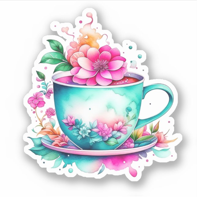 Hübscher Vintager Kaffee-Cup mit rosa Blume Aufkleber (Vorderseite)