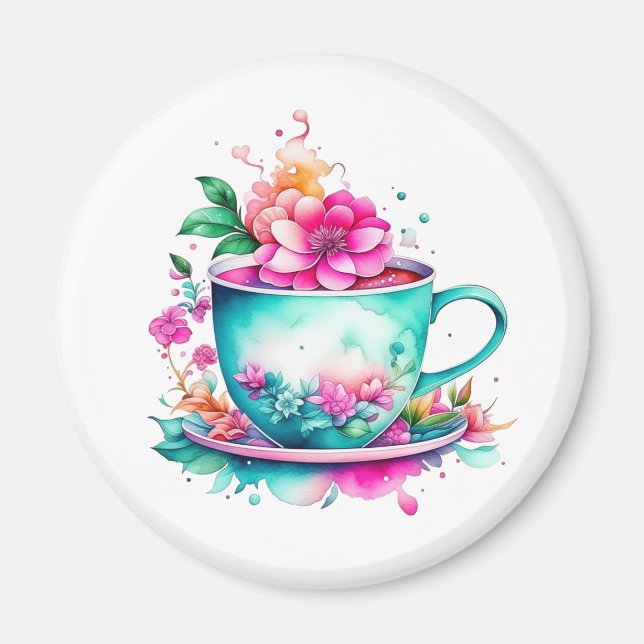 Hübscher Vintager Kaffee-Cup mit rosa Blume Magnet (Vorne)