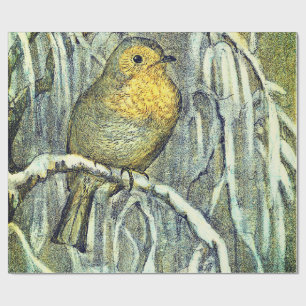 Hübscher Vintager Robin-Vogel auf einem verschneit Geschenkpapier