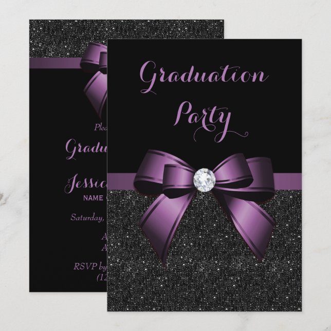 Hübscher Violet-Gem-Bow & Glitzer-Abschluss Einladung (Vorne/Hinten)
