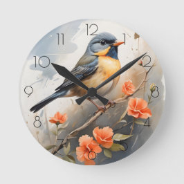 Hübscher Vogel auf Blume der Baumlibane Runde Wanduhr
