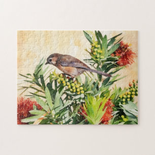 Hübscher Vogel auf der Blume Bush Art Puzzle