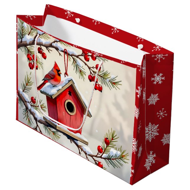 Hübscher Weihnachtskardinal und Schneeflocken-Voge Große Geschenktüte (Vorderseite Schrägansicht)