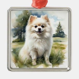 HÜBSCHER WEISSER SPITZ PUPPY HUND ORNAMENT AUS METALL