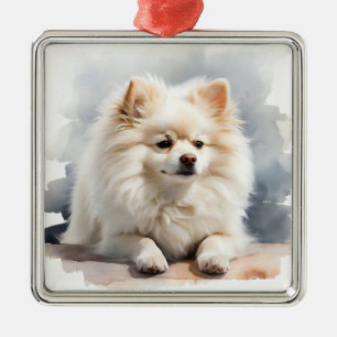 HÜBSCHER WEISSER SPITZ PUPPY HUND ORNAMENT AUS METALL