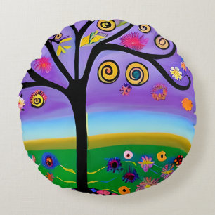 Hübscher Whimsical Tree Folk Art Generierte Kunst Rundes Kissen