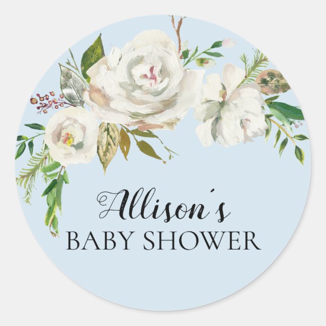 Hübscher White Floral Baby Dusche Umschlag Aufkleb Runder Aufkleber (Vorderseite)