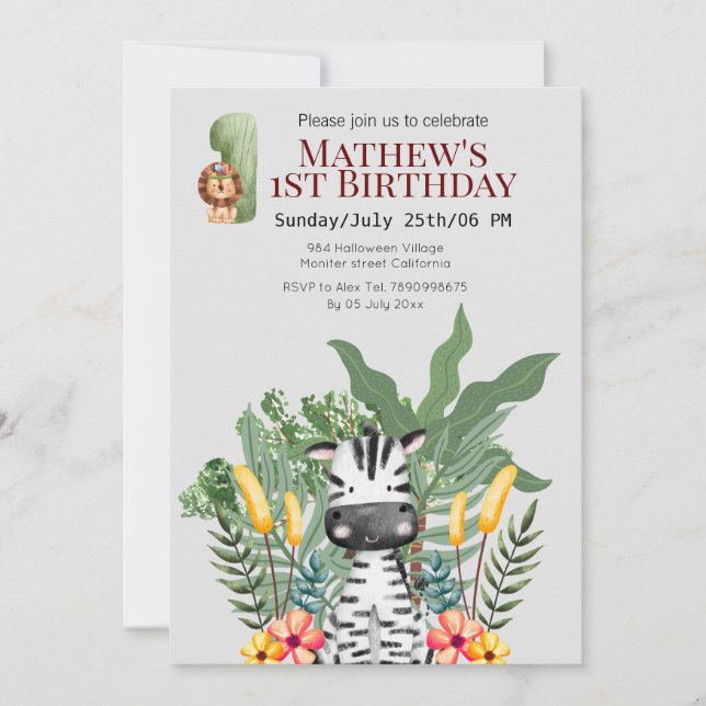 Hübscher Zebra l Wilde Tiere l Safari 1. Geburtsta Einladung (Vorderseite)