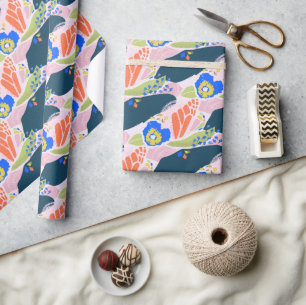 Hübsches Abstraktes Blumenmuster Blau Grün Orange Geschenkpapier
