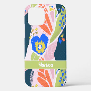 Hübsches abstraktes Blumenmuster Blau Grün Orange iPhone 12 Pro Hülle