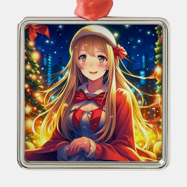 Hübsches Anime Girl am Winterweihnachtsfest Ornament Aus Metall (Vorne)