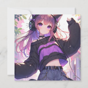 Hübsches Anime-Girl auf Kopfhörern mit Katzenohren