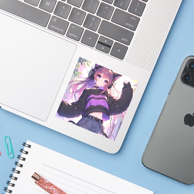 Hübsches Anime-Girl auf Kopfhörern mit Katzenohren Aufkleber (Laptop mit iPhone)