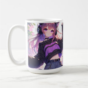 Hübsches Anime-Girl auf Kopfhörern mit Katzenohren Kaffeetasse