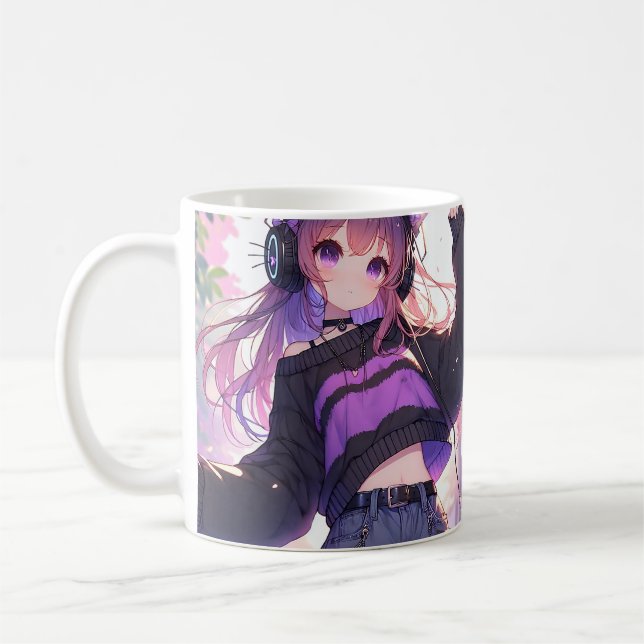 Hübsches Anime-Girl auf Kopfhörern mit Katzenohren Kaffeetasse (Links)