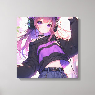Hübsches Anime-Girl auf Kopfhörern mit Katzenohren Leinwanddruck