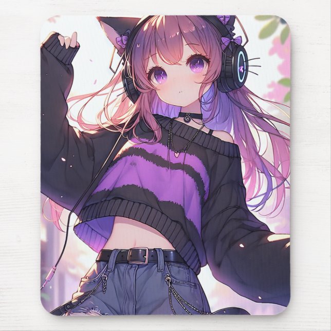 Hübsches Anime-Girl auf Kopfhörern mit Katzenohren Mousepad (Vorne)