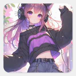 Hübsches Anime-Girl auf Kopfhörern mit Katzenohren Quadratischer Aufkleber