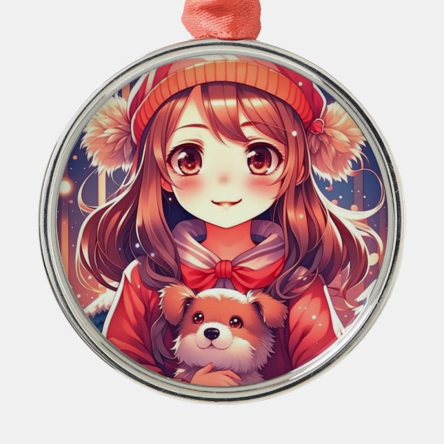 Hübsches Anime Girl mit Welpen- und Ohrmuffen Ornament Aus Metall (Vorne)