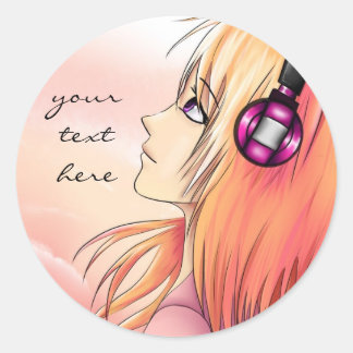 Hübsches Anime-Mädchen, das Musikaufkleber hört Runder Aufkleber