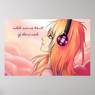 Hübsches Anime-Mädchen, das Musikposter hört Poster