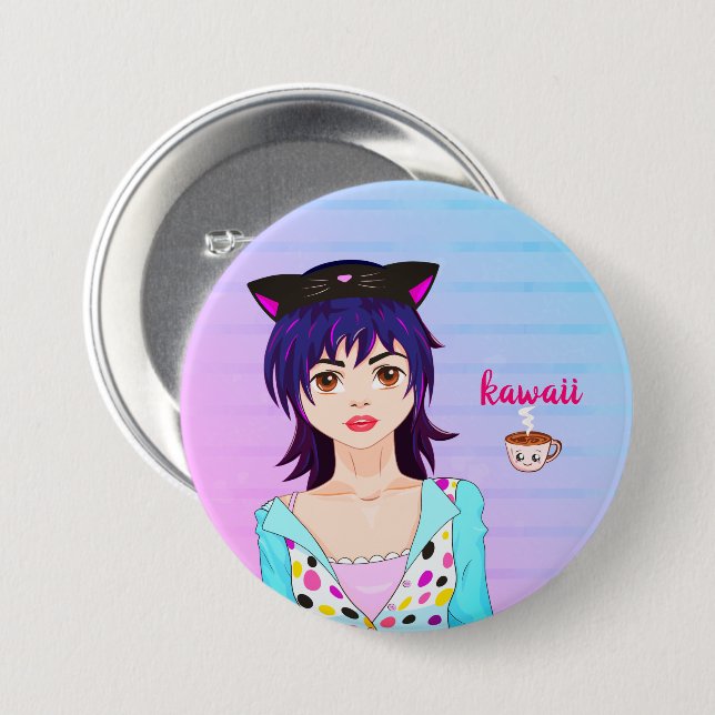 Hübsches Anime-Mädchen und Kawaii-Tasse Kaffee Button (Vorne & Hinten)
