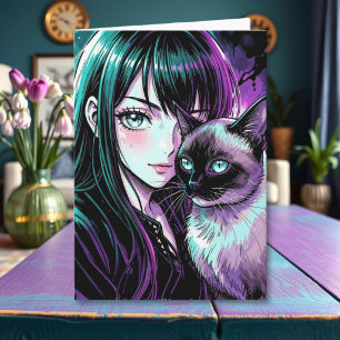 Hübsches Anime-Mädchen und Siamkatze Karte