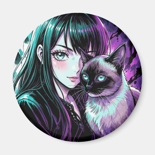 Hübsches Anime-Mädchen und Siamkatze Magnet (Vorne)