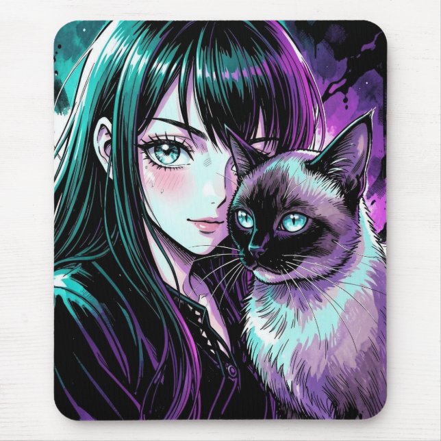 Hübsches Anime-Mädchen und Siamkatze Mousepad (Vorne)