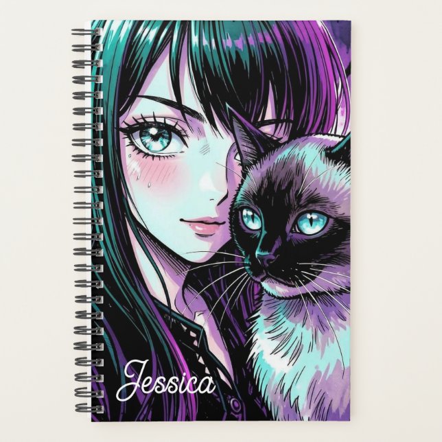 Hübsches Anime-Mädchen und Siamkatze Planer (Vorderseite)